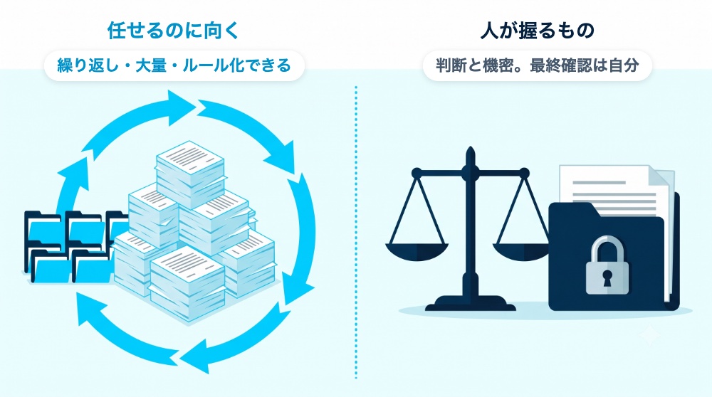任せるのに向くのは繰り返し・大量・ルール化できる作業。判断と機密は人が握る、の対比図