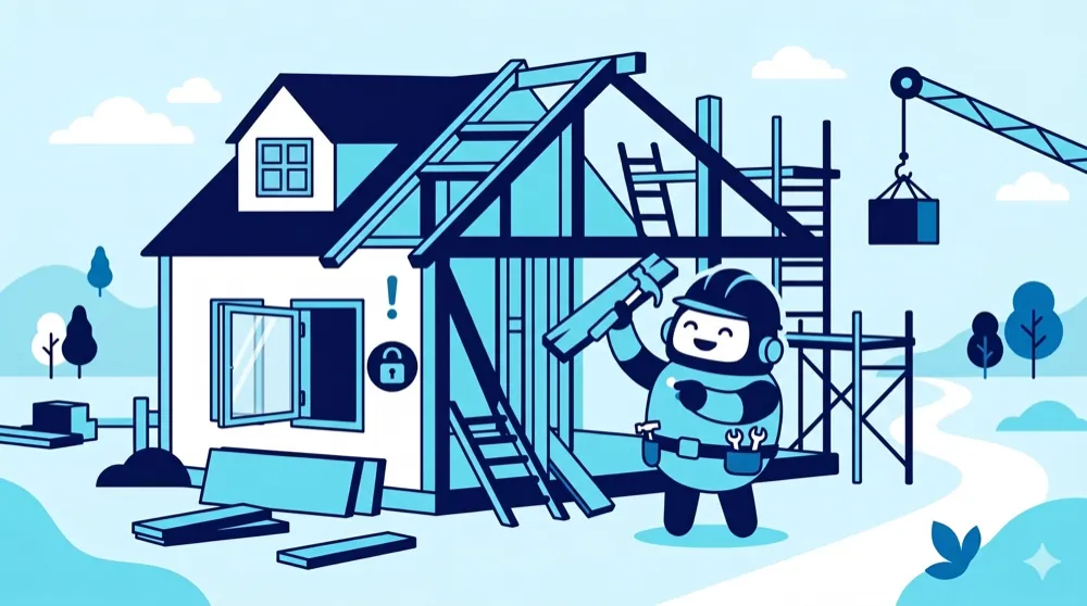 家を素早く建てるが窓の鍵を閉め忘れるAIの大工のイラスト