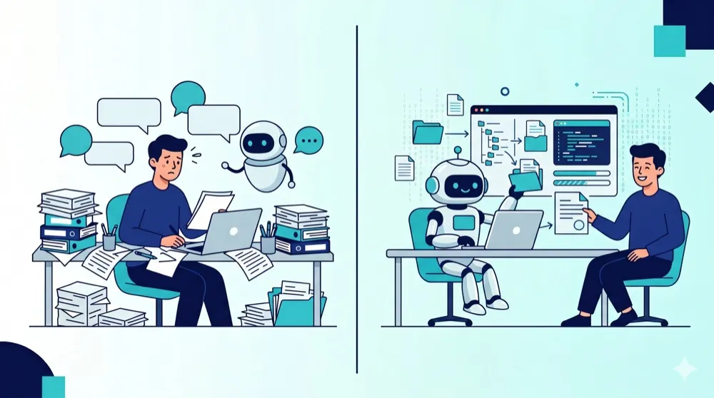 チャット型AIは相談に乗るだけ、Claude Codeは実際に作業までやってくれるという違いの対比