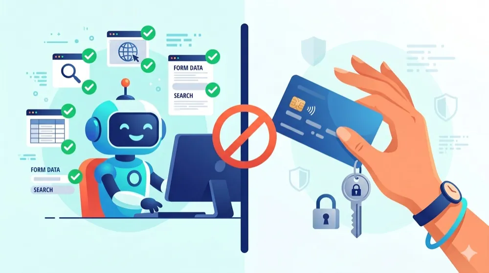 情報収集などの作業はAIに任せ、決済・パスワードは人が自分で扱うという線引きのイメージ