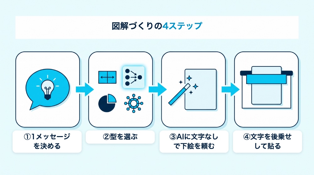図解づくりの4ステップ。1メッセージを決める、型を選ぶ、AIに文字なしで下絵を頼む、文字を後乗せして貼る