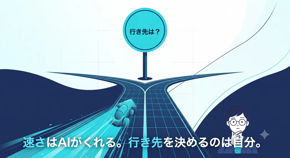 高速で走る道具としてのAIと、行き先を選ぶ分岐点の比喩イラスト