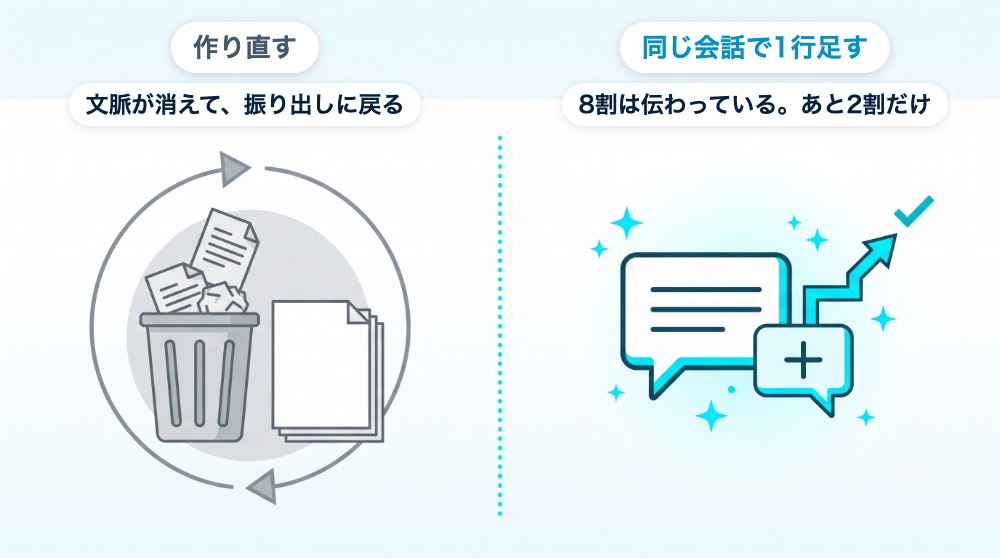 作り直すと文脈が消えて振り出し、同じ会話で1行足せばあと2割だけで直る、の対比図