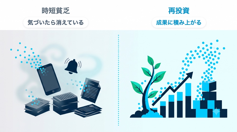時短貧乏は浮いた時間が気づいたら消えている状態。再投資すれば成果に積み上がる対比図