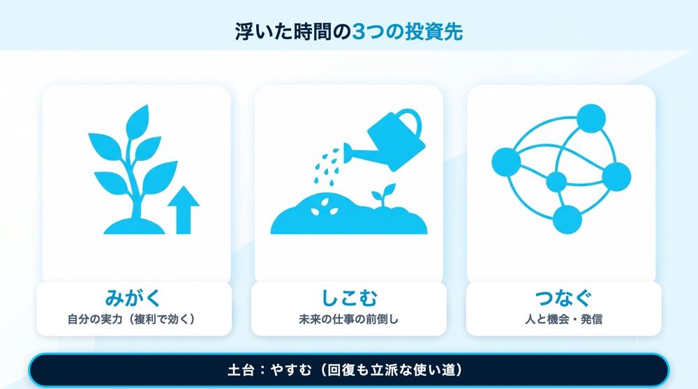 浮いた時間の3つの投資先。みがく＝自分の実力、しこむ＝未来の仕事の前倒し、つなぐ＝人と機会。土台にやすむ
