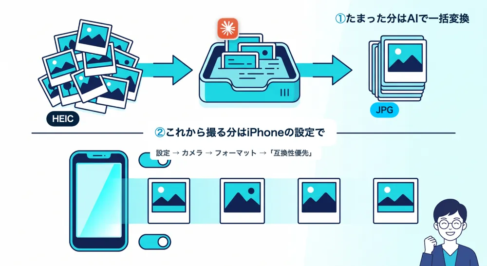 たまったHEICはAIで一括変換し、これから撮る分はiPhoneの設定を互換性優先にする二段構えの図
