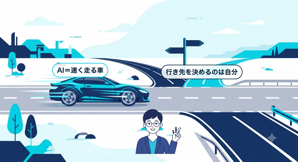 AIは速く走る車で、分かれ道の行き先を決めるのは自分だと示す図
