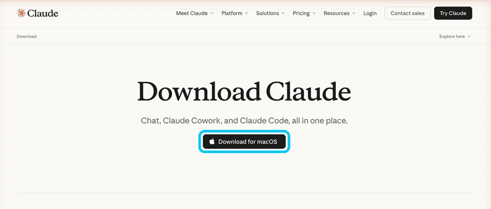 Claude公式サイトのダウンロードボタンを水色枠で強調した画面