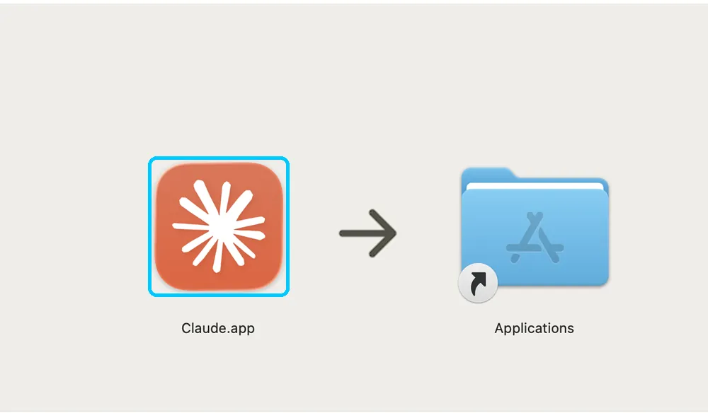MacでClaude.appをアプリケーションフォルダにドラッグする画面（アイコンを水色枠で強調）