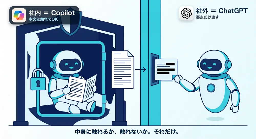 社内のCopilotは本文に触れてOK、社外のChatGPTには中身を伏せた要点だけを渡す対比図