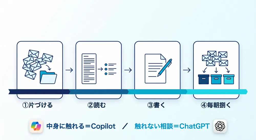 メール仕事を片づける・読む・書く・毎朝捌くの4工程に分け、全工程を中身に触れる=Copilot／触れない相談=ChatGPTのルールが貫くフロー図