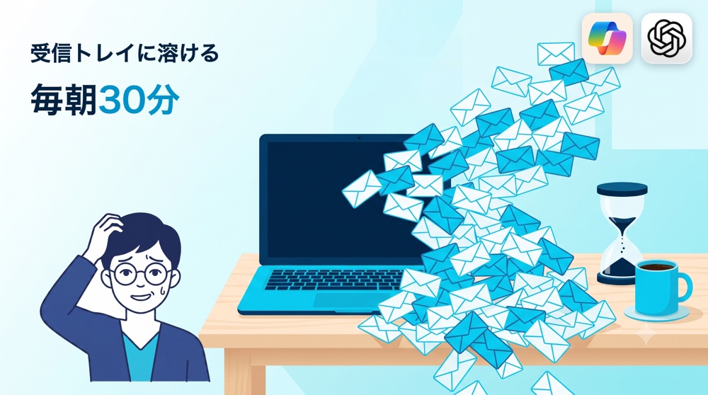 受信トレイからあふれるメールに困る朝のイラスト。毎朝30分が受信トレイに溶けていた
