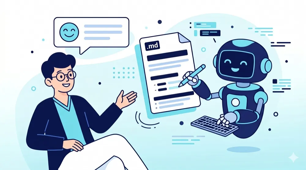 人は日本語でお願いするだけで、AIがマークダウンの.mdファイルを書いてくれるイメージ