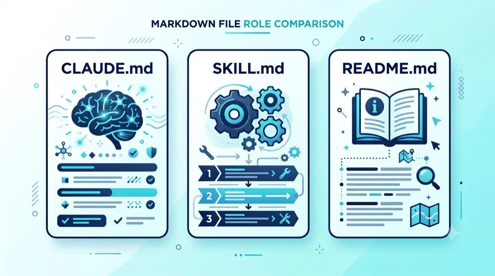 CLAUDE.mdは常に効く共通ルール、SKILL.mdは呼び出した時の手順、README.mdはフォルダの説明書という役割の違い