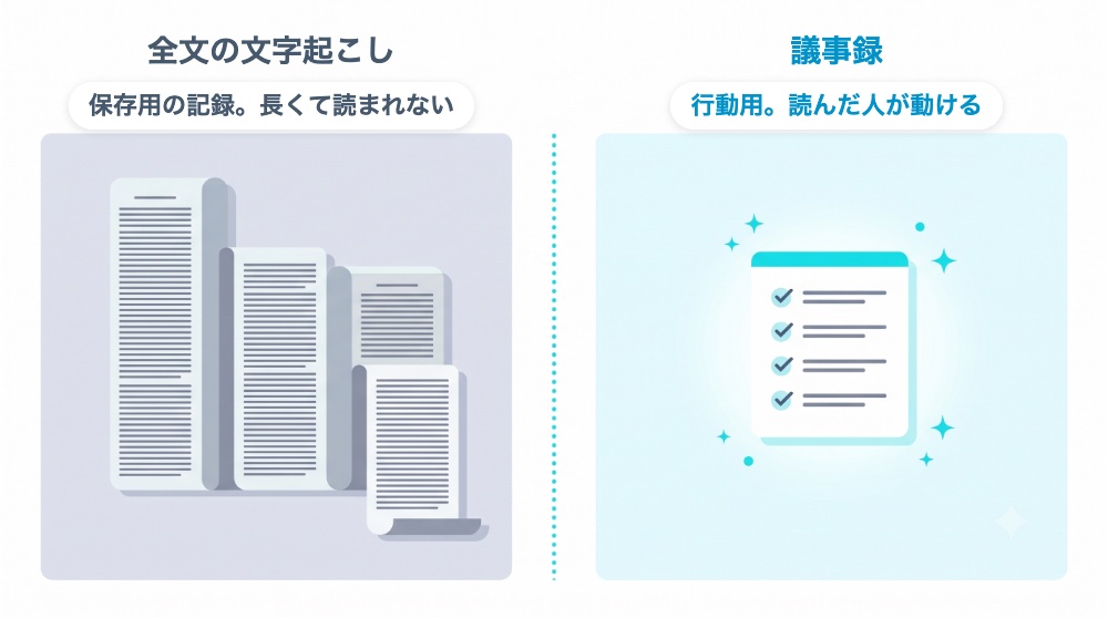 全文の文字起こしは保存用で読まれない、議事録は行動用で読んだ人が動ける、の対比図