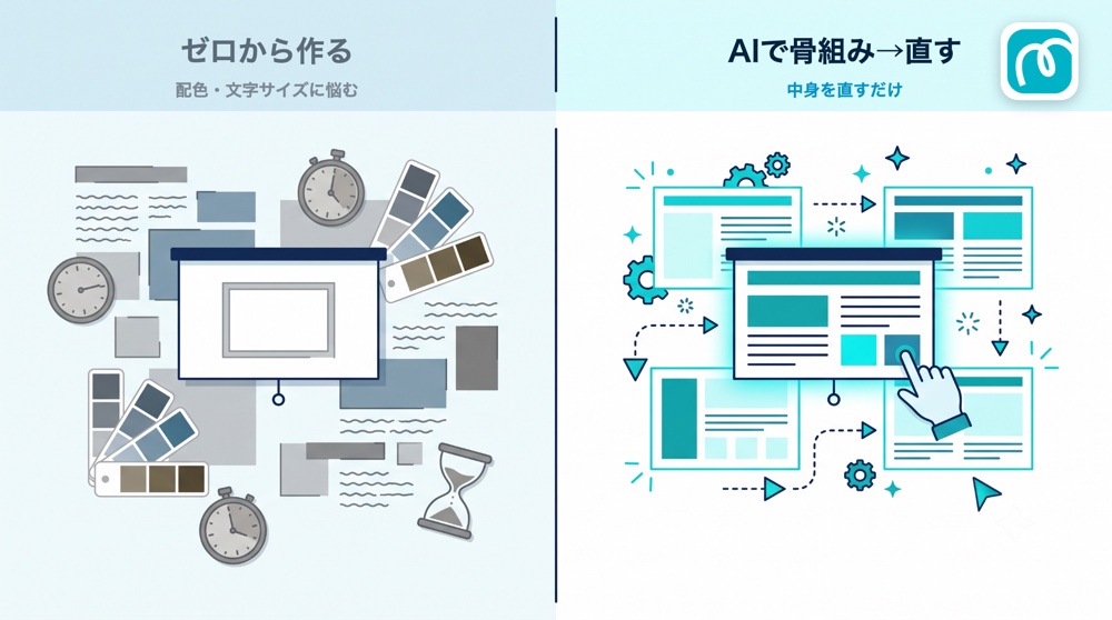 白紙から手作業で作る場合とAIに骨組みを作らせてから直す場合の時間の差を示す左右対比図