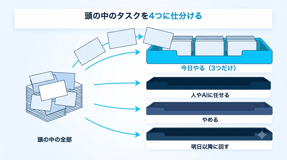 頭の中の全部のタスクを、今日やる3つだけ・人やAIに任せる・やめる・明日以降に回すの4つに仕分ける図