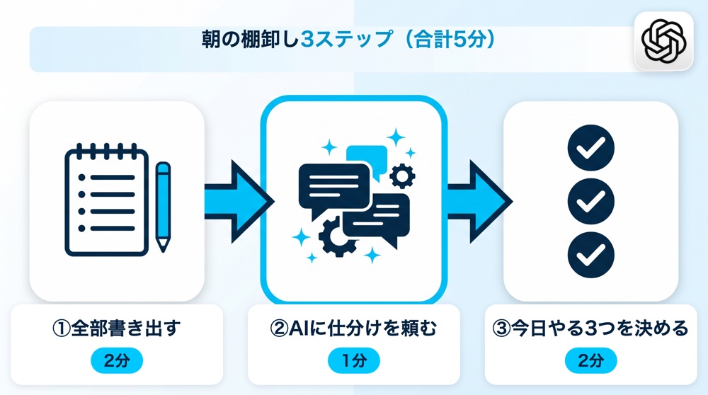 朝の棚卸し3ステップ。全部書き出す2分、AIに仕分けを頼む1分、今日やる3つを決める2分の合計5分