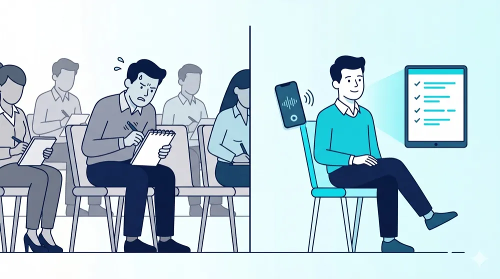 メモを必死に取るBeforeと、聞くことに集中しAIに要約させるAfterの対比イラスト