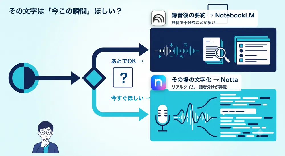 その文字は今この瞬間ほしいかで分岐し、あとでOKならNotebookLM、今すぐほしいならNottaへ進む分岐図