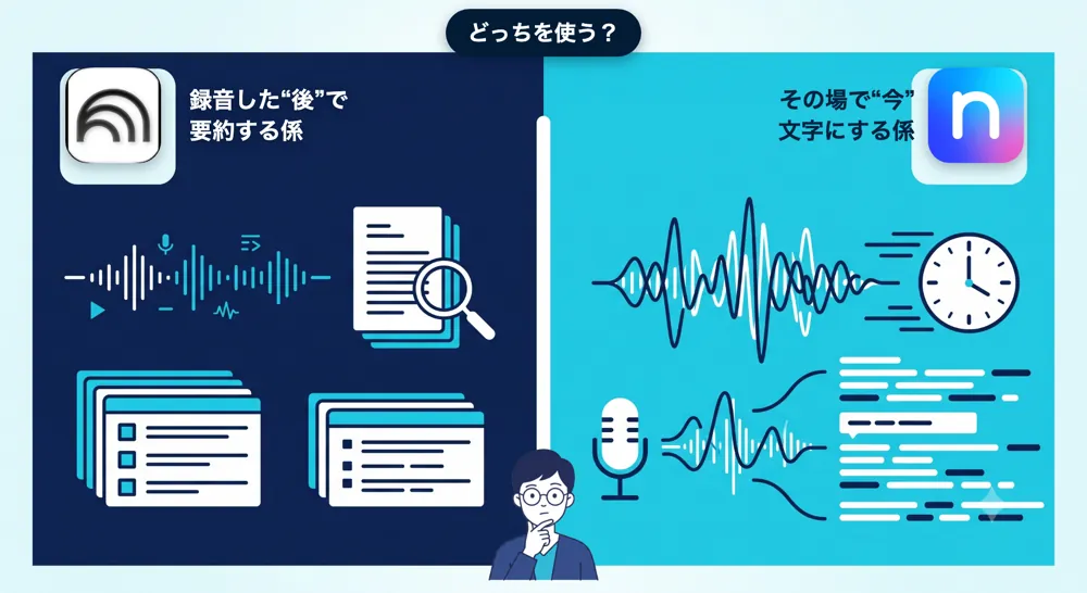 録音した後で要約するNotebookLMと、その場で文字にするNottaの左右対比図