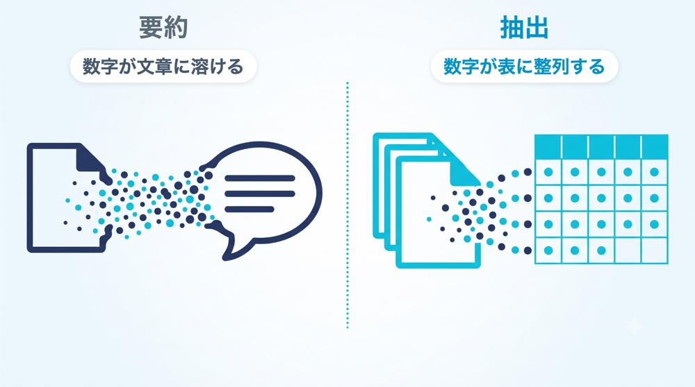 要約は数字が文章に溶け、抽出は数字が表に整列する。要約と抽出の違いを示す対比図