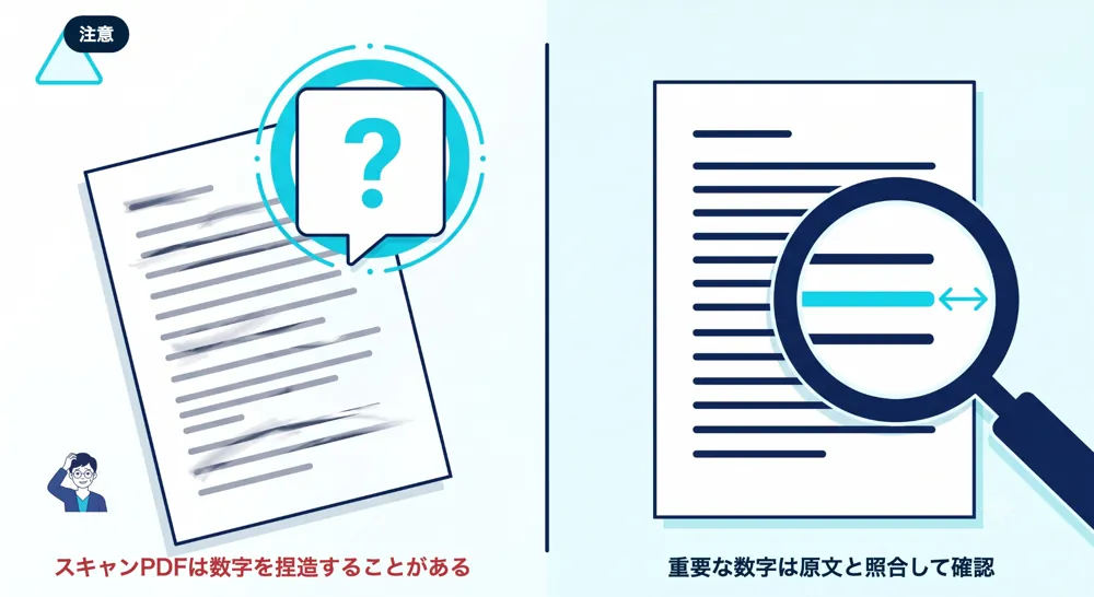スキャンPDFはAIが数字を捏造することがあるため、重要な数字は原文と照合して確認する対比図
