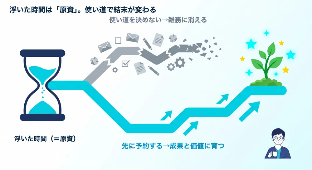 浮いた時間は原資。使い道を決めないと雑務に消え、先に予約すると成果と価値に育つ分岐図