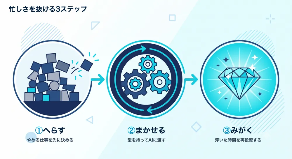 忙しさを抜ける3ステップ。へらす（やめる仕事を決める）、まかせる（型を持ってAIに渡す）、みがく（浮いた時間を再投資する）の図