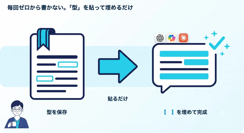 型を保存し、チャットAIに貼って【　】を埋めるだけで再利用できる流れ図