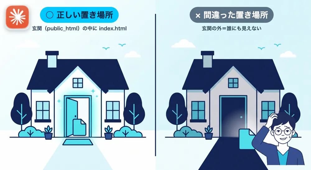 public_htmlの中に置けば表示され、外に置くと誰にも見えないことを家の玄関で表した対比図