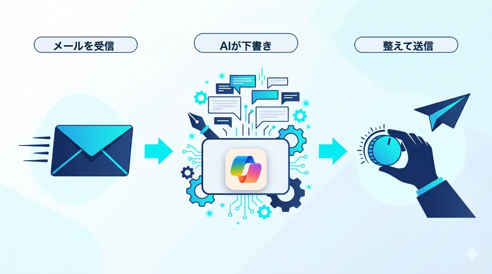 メールを受信→AIが下書き→人が整えて送信する流れの図