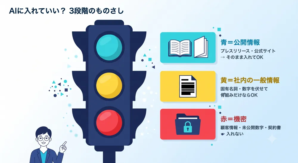 AIに入れていい情報を青（公開情報）・黄（社内の一般情報）・赤（機密）の信号機で表した3段階のものさし図