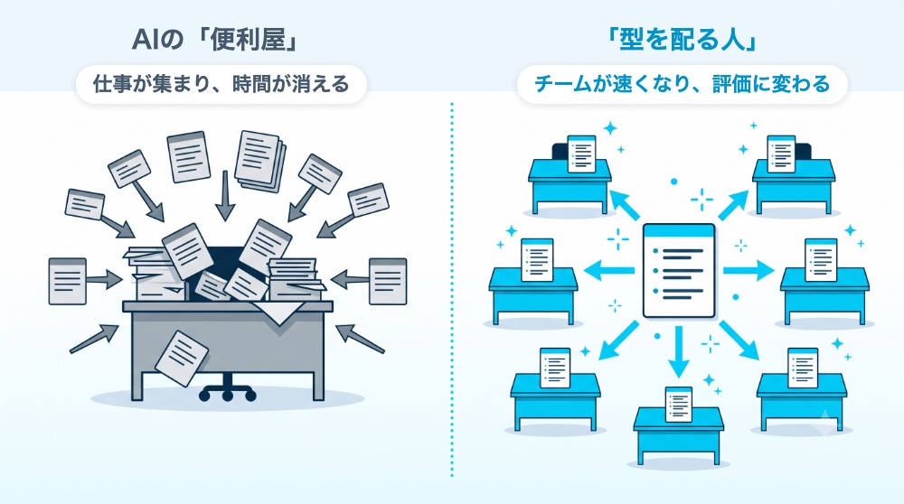 AIの便利屋は仕事が集まり時間が消える、型を配る人はチームが速くなり評価に変わる、の対比図
