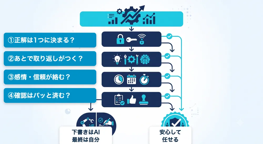 4問Yes/No判定フロー。正解は1つか、取り返しがつくか、感情が絡むか、確認は軽いかを順に確認し、任せるか自分でやるかを判定する図
