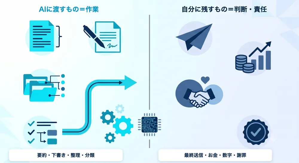AIに渡すもの＝作業（要約・下書き・整理）と、自分に残すもの＝判断・責任（最終送信・お金・謝罪）の左右対比図