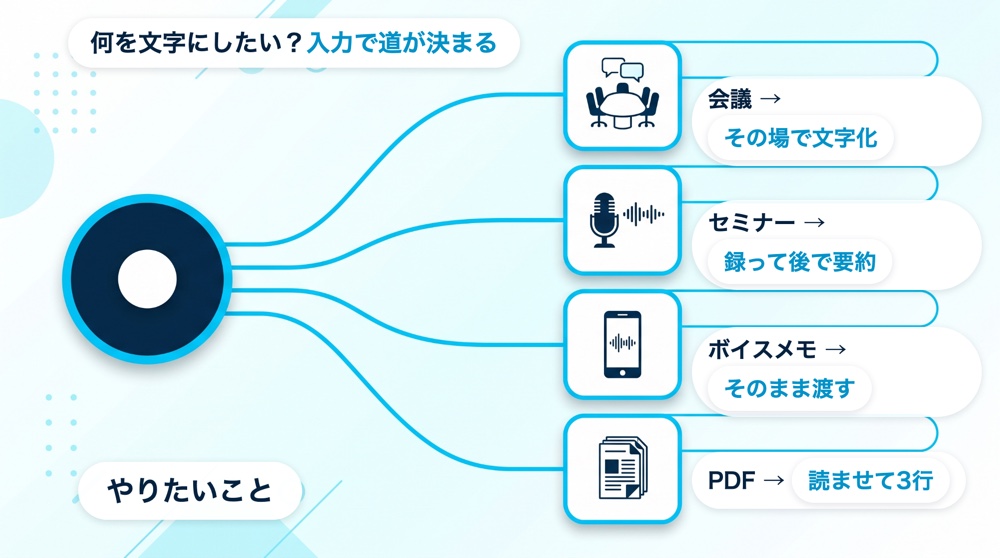 何を文字にしたいかの入力別分岐マップ。会議はその場で文字化、セミナーは録って後で要約、ボイスメモはそのまま渡す、PDFは読ませて3行