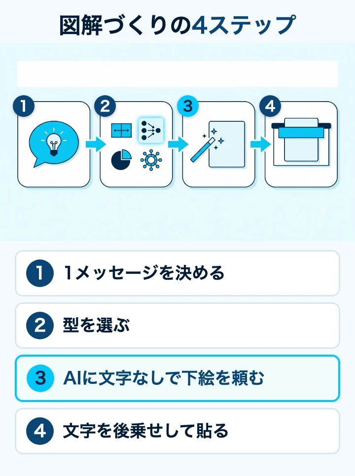 図解づくりの4ステップ。1メッセージを決める、型を選ぶ、AIに文字なしで下絵を頼む、文字を後乗せして貼る