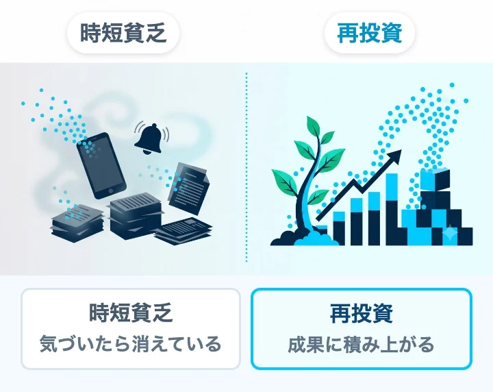 時短貧乏は浮いた時間が気づいたら消えている状態。再投資すれば成果に積み上がる対比図