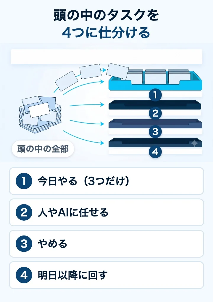 頭の中の全部のタスクを、今日やる3つだけ・人やAIに任せる・やめる・明日以降に回すの4つに仕分ける図